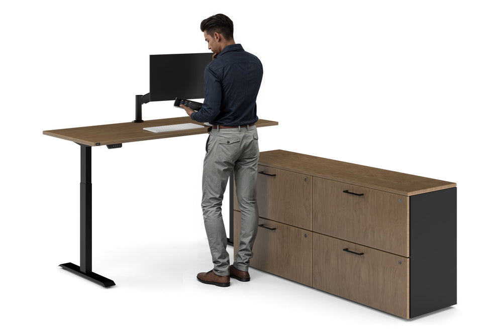 Just Right Height Adjustable Desk Executive Setting [1600L x 700W]-black frame dark oak 4 drawer lateral filing cabinet