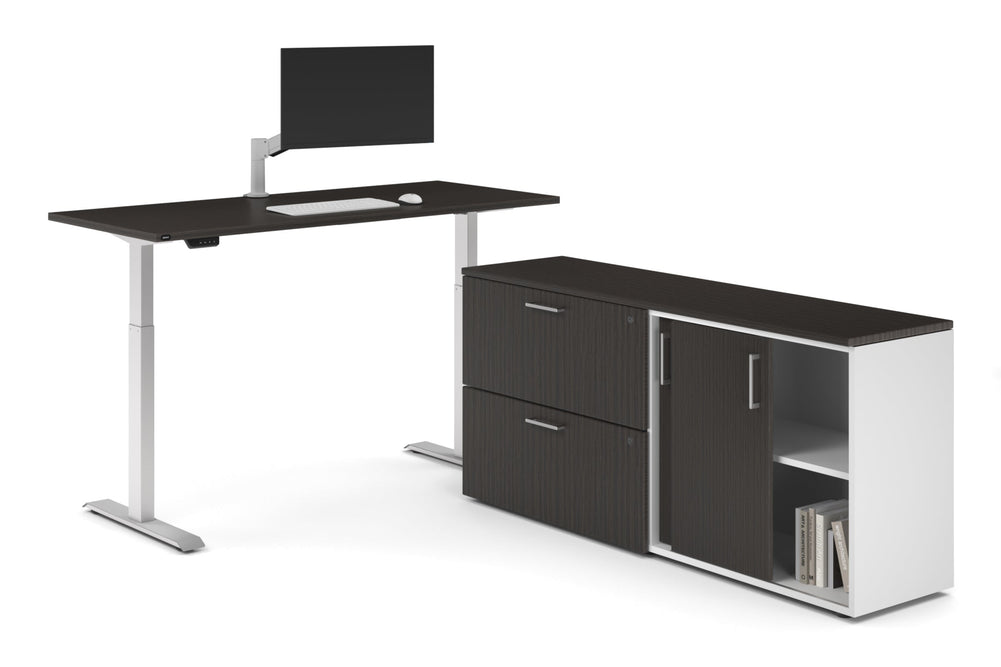 Just Right Height Adjustable Desk Executive Setting [1600L x 700W]-white frame dark oak 2 drawer lateral sliding door credenza