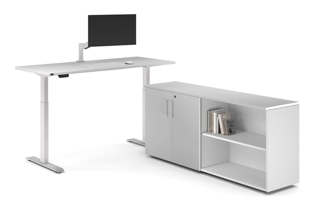 Just Right Height Adjustable Desk Executive Setting [1600L x 700W]-white frame white 2 door open storage cabinet