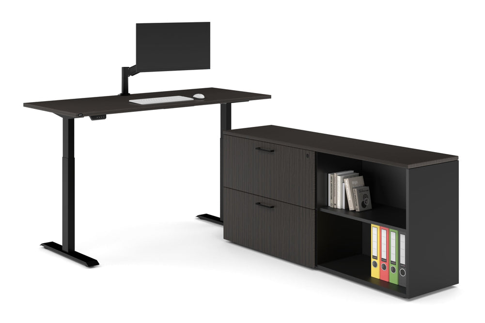 Just Right Height Adjustable Desk Executive Setting [1600L x 700W]-black frame dark oak 2 drawer open filing cabinet