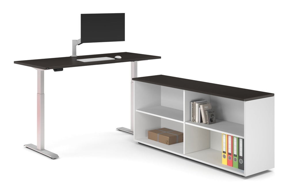 Just Right Height Adjustable Desk Executive Setting [1600L x 700W]-white frame dark oak open bookcase