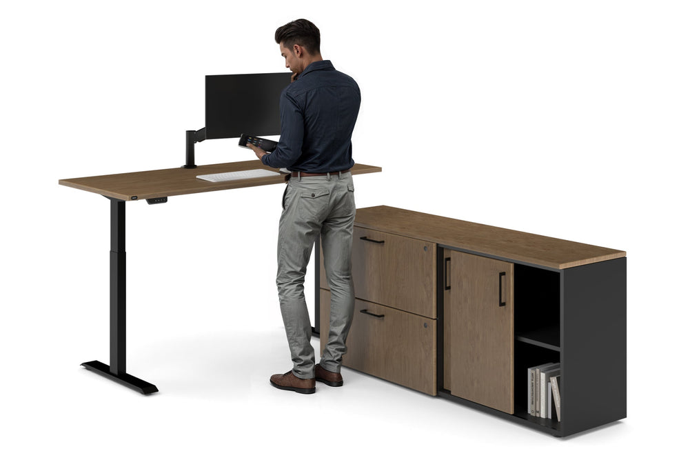 Just Right Height Adjustable Desk Executive Setting [1600L x 700W]-black frame dark oak 4 drawer lateral filing cabinet
