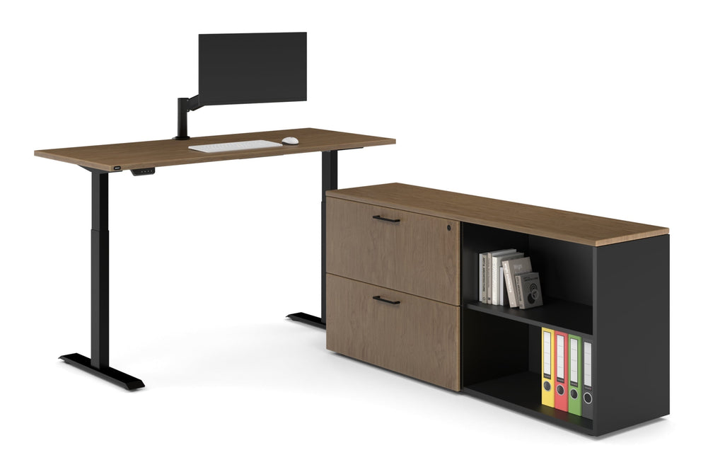 Just Right Height Adjustable Desk Executive Setting [1600L x 700W]-black frame salvage oak 2 drawer open filing cabinet