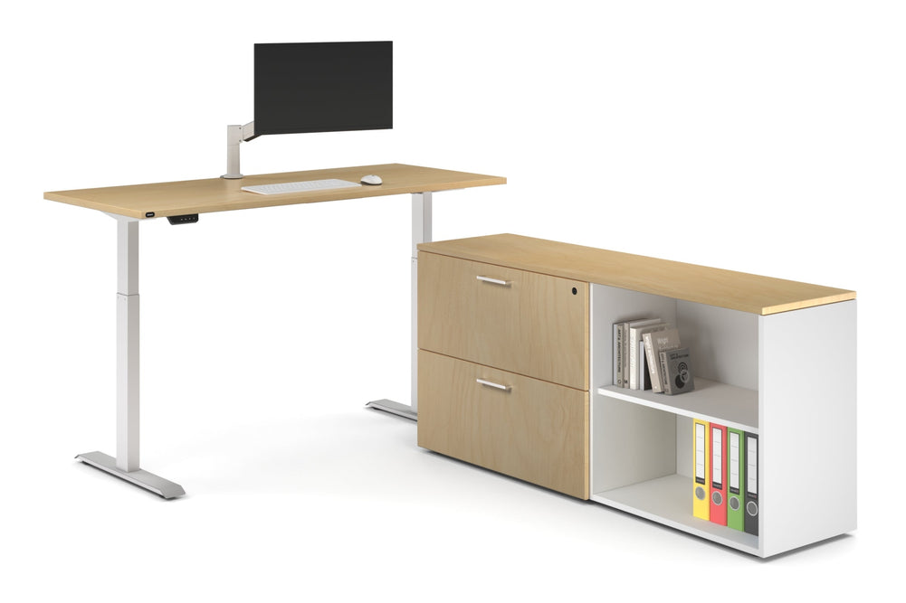 Just Right Height Adjustable Desk Executive Setting [1600L x 700W]-white frame maple 2 drawer open filing cabinet