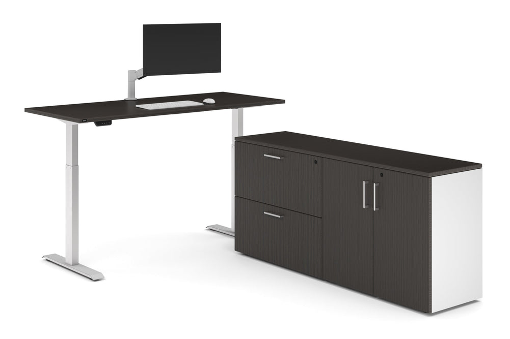 Just Right Height Adjustable Desk Executive Setting [1600L x 700W]-white frame dark oak 2 drawer 2 door filing cabinet