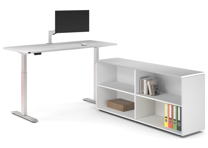 Just Right Height Adjustable Desk Executive Setting [1600L x 700W] Jasonl white frame white open bookcase