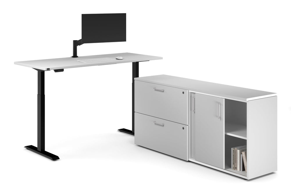Just Right Height Adjustable Desk Executive Setting [1600L x 700W]-black frame white 2 drawer lateral sliding door credenza