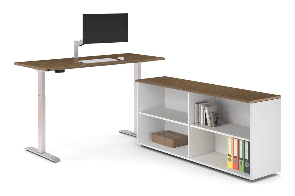 Just Right Height Adjustable Desk Executive Setting [1600L x 700W]-white frame salvage oak open bookcase