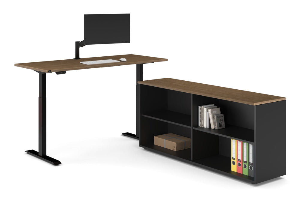 Just Right Height Adjustable Desk Executive Setting [1600L x 700W]-black frame salvage oak open bookcase