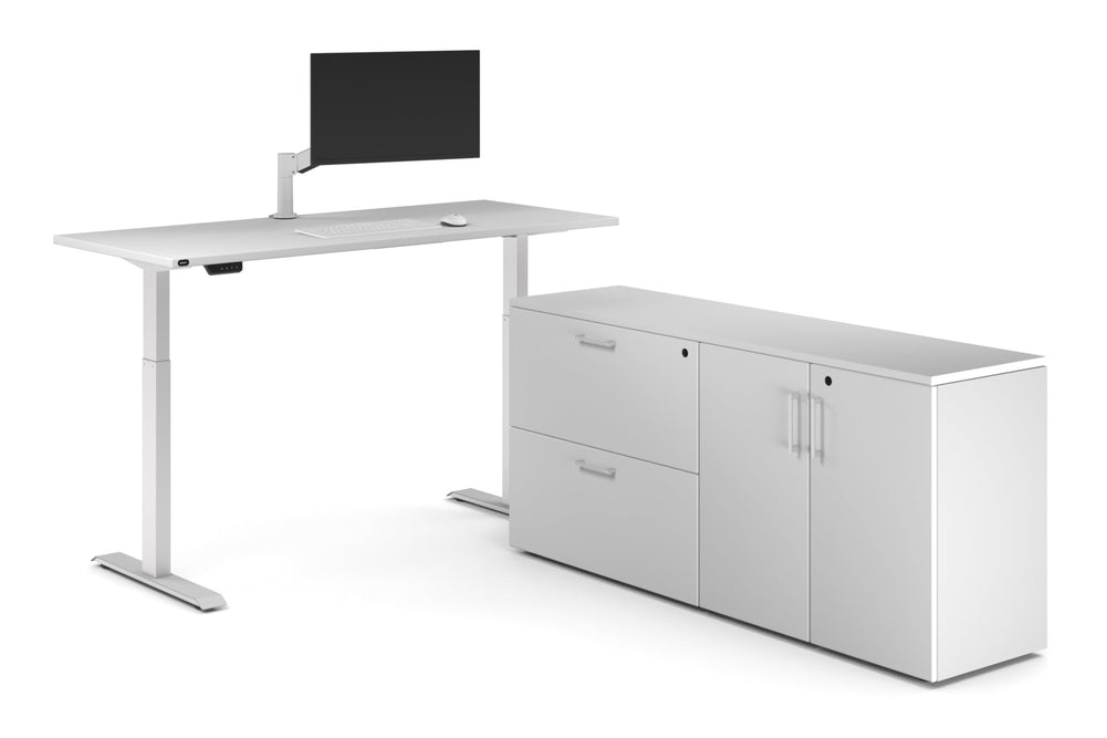 Just Right Height Adjustable Desk Executive Setting [1600L x 700W]-white frame white 2 drawer 2 door filing cabinet