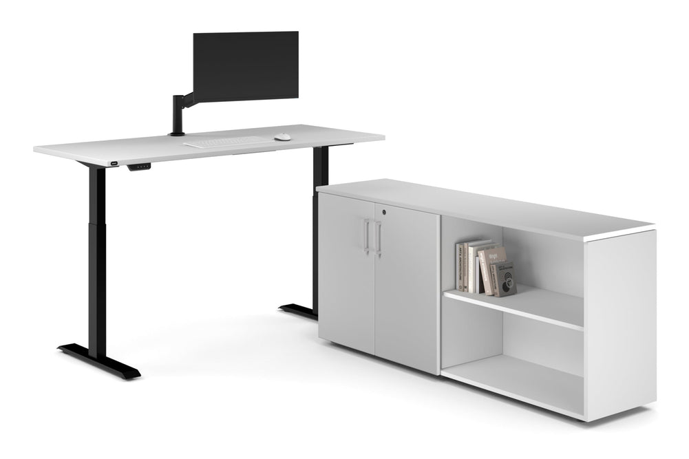 Just Right Height Adjustable Desk Executive Setting [1600L x 700W]-black frame white 2 door open storage cabinet