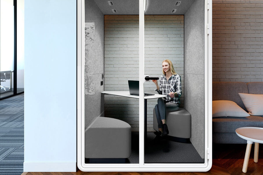 Environmental image of Nest 2 Person Meeting Booth with Diagonal Table [Echo Panel]
