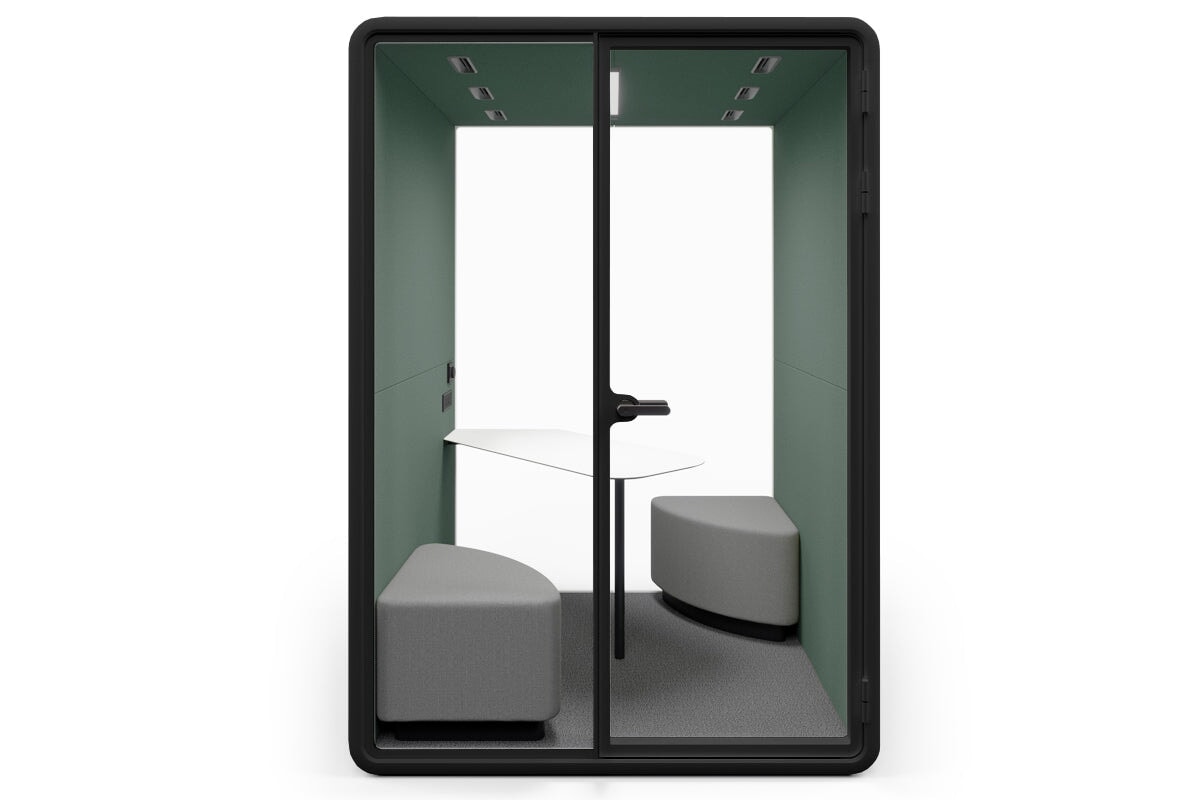 Nest 2 Person Meeting Booth with Diagonal Table [Echo Panel With Fabric] Jasonl black green fabric grey