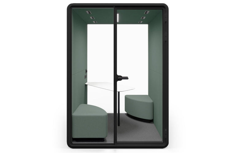 Nest 2 Person Meeting Booth with Diagonal Table [Echo Panel With Fabric] Jasonl black green fabric green