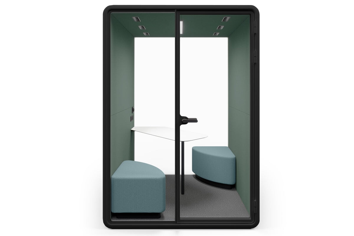Nest 2 Person Meeting Booth with Diagonal Table [Echo Panel With Fabric] Jasonl black green fabric blue