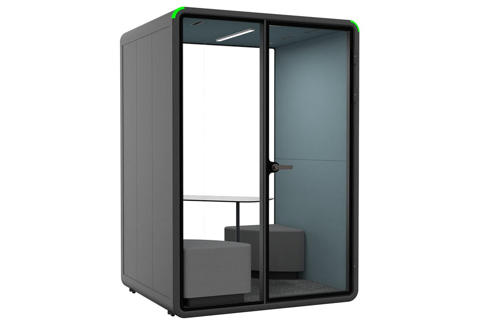 Nest 2 Person Meeting Booth with Diagonal Table [Acoustic Panel With Fabric]-black blue fabric grey