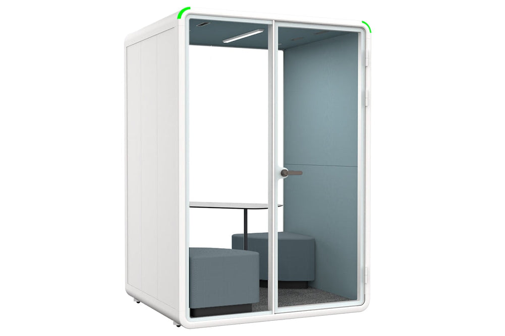 Nest 2 Person Meeting Booth with Diagonal Table [Acoustic Panel With Fabric]-white blue fabric blue