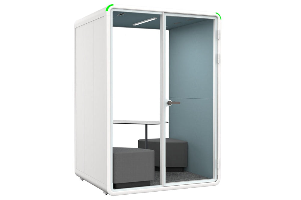 Nest 2 Person Meeting Booth with Diagonal Table [Acoustic Panel With Fabric]-white blue fabric grey