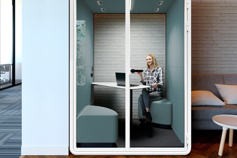 Nest 2 Person Meeting Booth with Diagonal Table [Acoustic Panel With Fabric]-black blue fabric grey