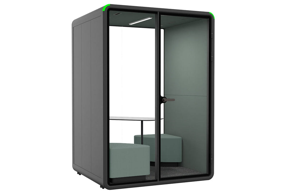Nest 2 Person Meeting Booth with Diagonal Table [Acoustic Panel With Fabric]-black green fabric green