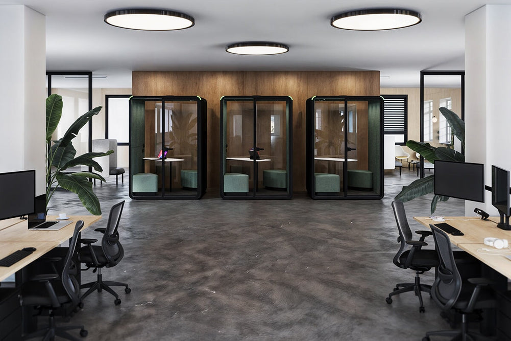 Nest 2 Person Meeting Booth with Diagonal Table [Acoustic Panel With Fabric]-black blue fabric grey