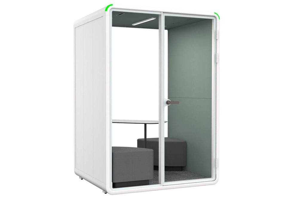 Nest 2 Person Meeting Booth with Diagonal Table [Acoustic Panel With Fabric]-white green fabric grey