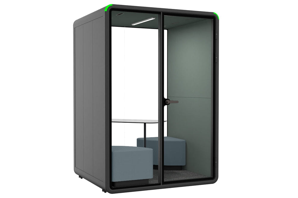 Nest 2 Person Meeting Booth with Diagonal Table [Acoustic Panel With Fabric]-black green fabric blue