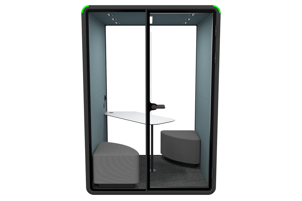 Nest 2 Person Meeting Booth with Diagonal Table [Acoustic Panel With Fabric]-black blue fabric grey