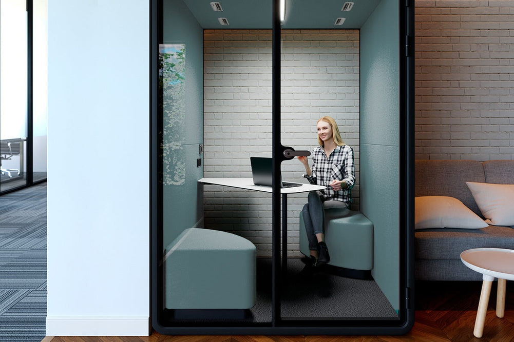 Nest 2 Person Meeting Booth with Diagonal Table [Acoustic Panel With Fabric]-black blue fabric grey