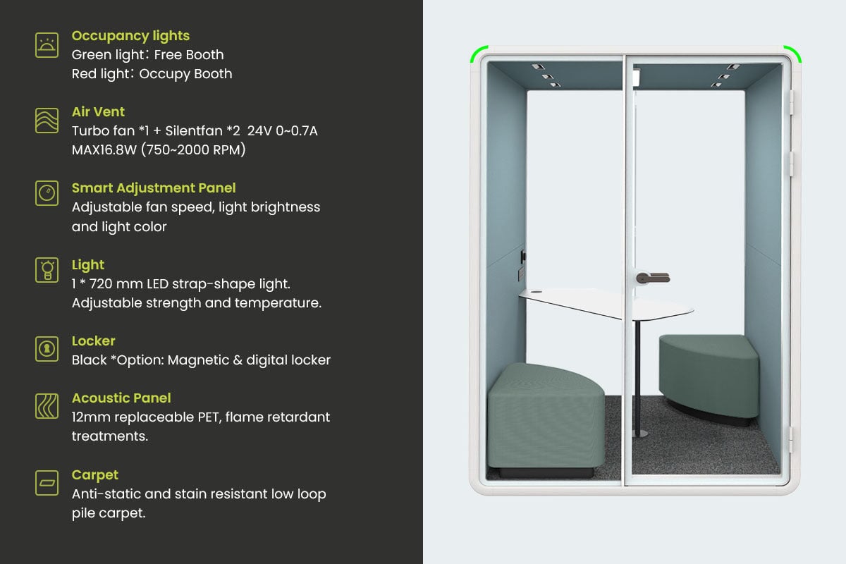 Nest 2 Person Meeting Booth with Diagonal Table [Acoustic Panel With Fabric]