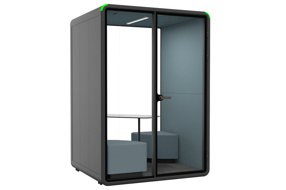 Nest 2 Person Meeting Booth with Diagonal Table [Acoustic Panel With Fabric]-black blue fabric blue