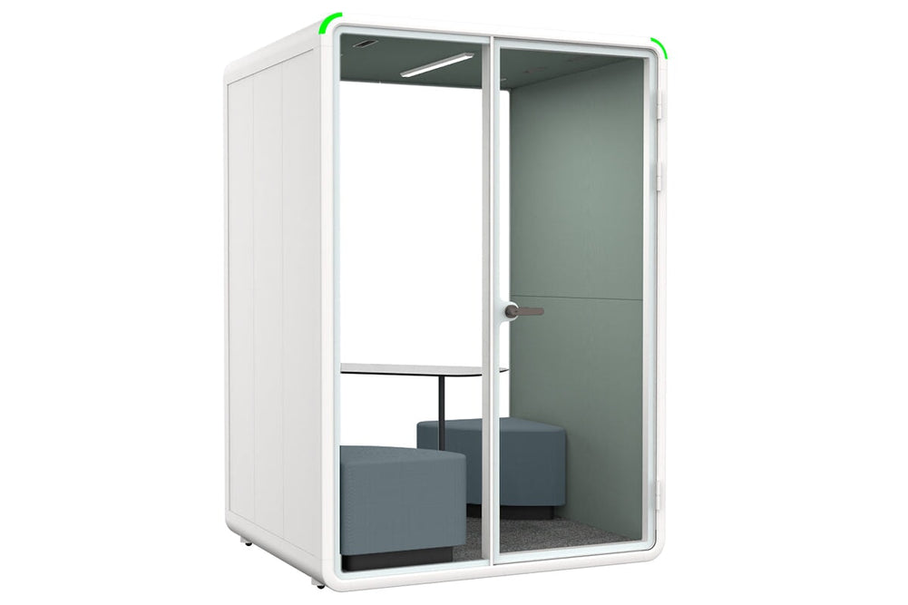 Nest 2 Person Meeting Booth with Diagonal Table [Acoustic Panel With Fabric]-white green fabric blue