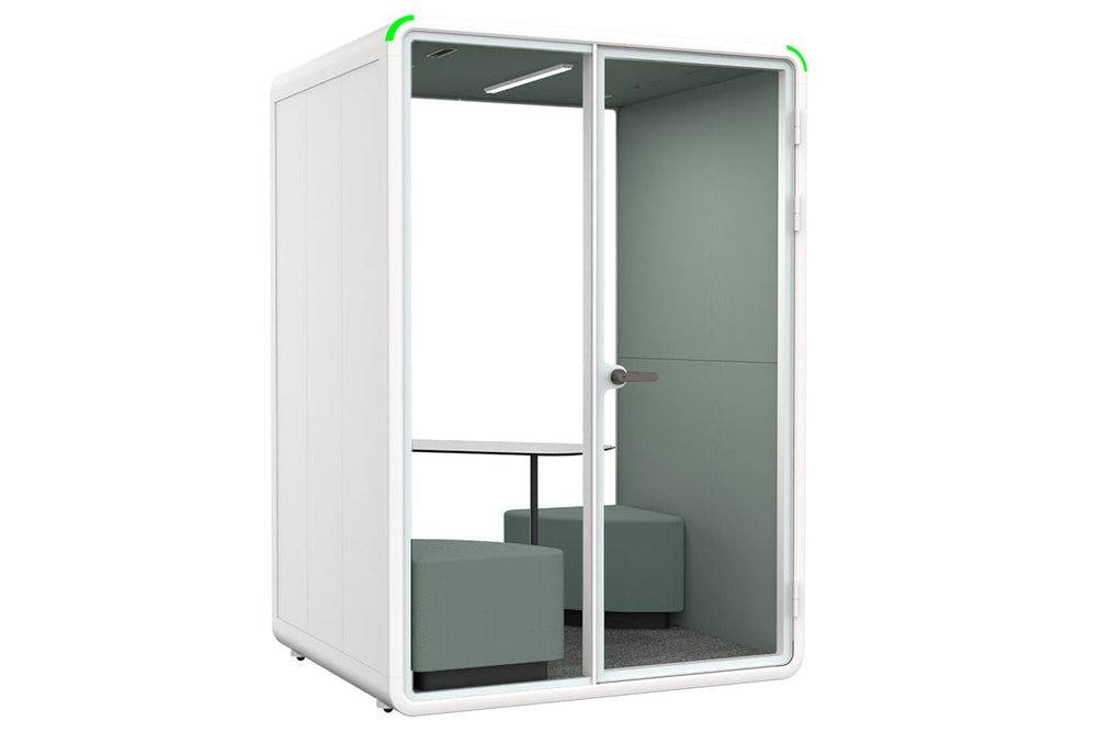 Nest 2 Person Meeting Booth with Diagonal Table [Acoustic Panel With Fabric]-white green fabric green