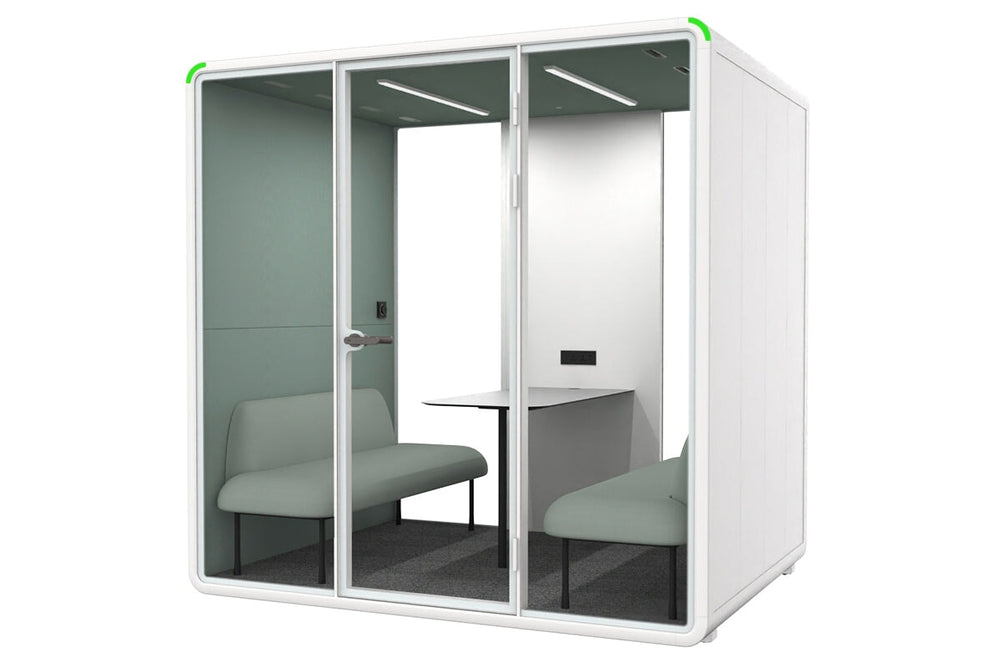 Nest 4 Person Meeting Booth [Acoustic Panel With Fabric]-white green fabric green