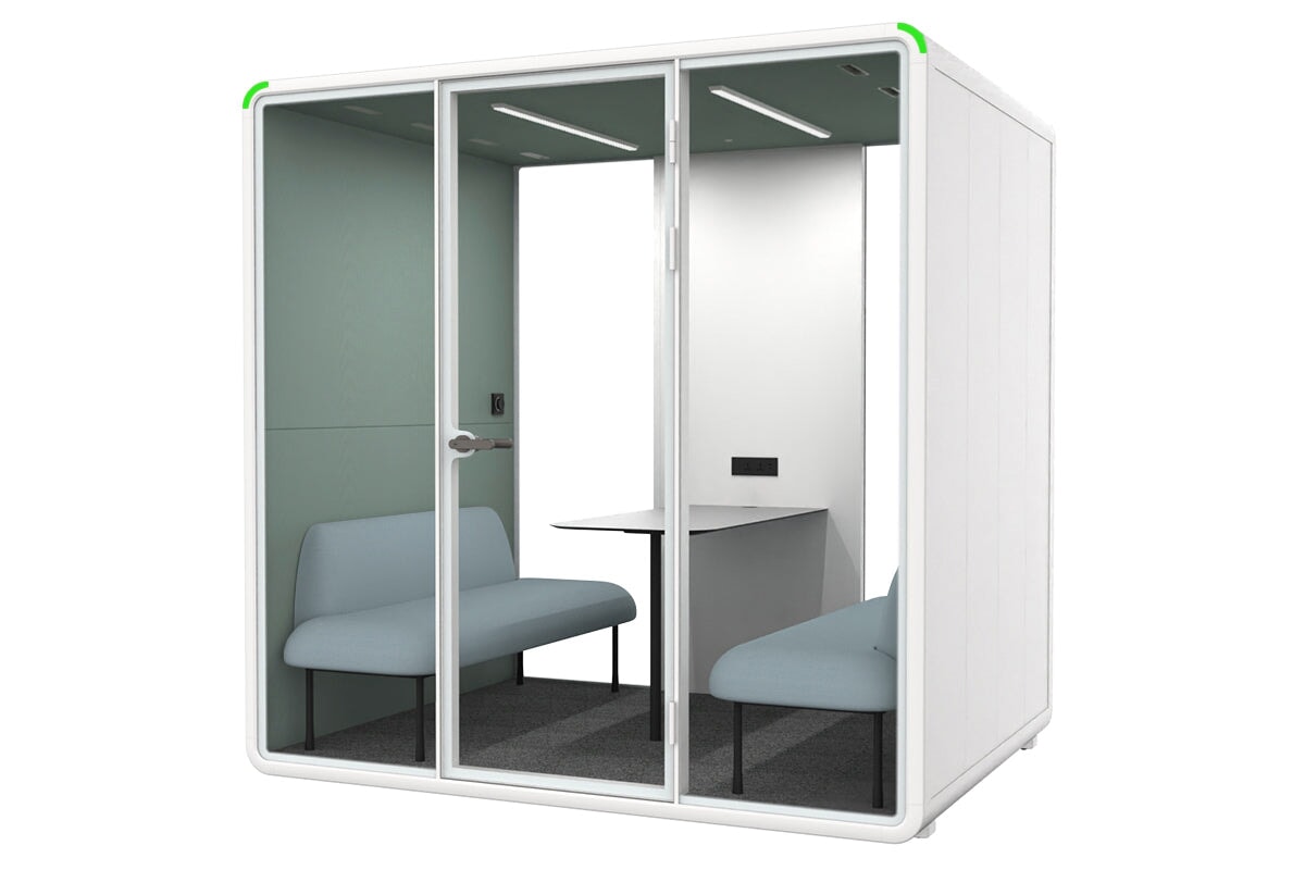 Nest 4 Person Meeting Booth [Acoustic Panel With Fabric]-white green fabric blue