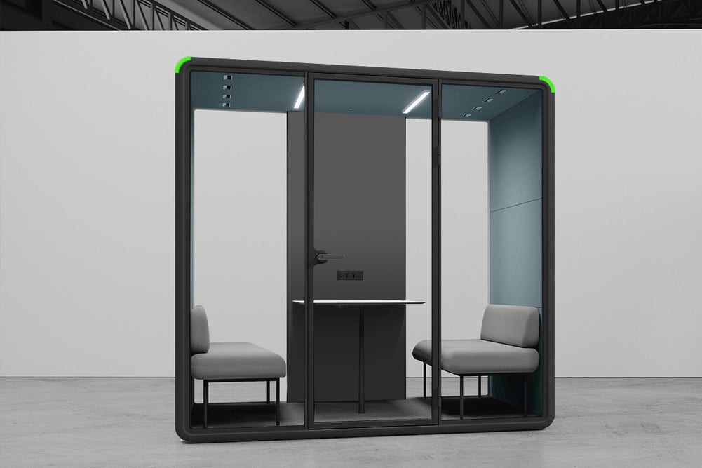 Nest 4 Person Meeting Booth [Acoustic Panel With Fabric]-black blue fabric grey
