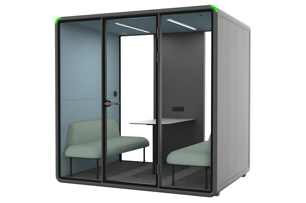 Nest 4 Person Meeting Booth [Acoustic Panel With Fabric]-black blue fabric green