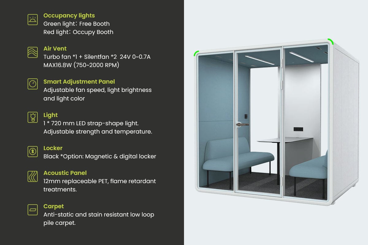 Nest 4 Person Meeting Booth [Acoustic Panel With Fabric]-black blue fabric grey