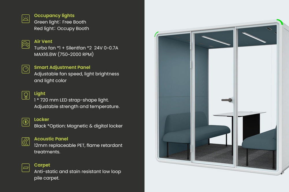 Nest 4 Person Meeting Booth - Full Glass Back Wall [Acoustic Panel]-black dark grey grey