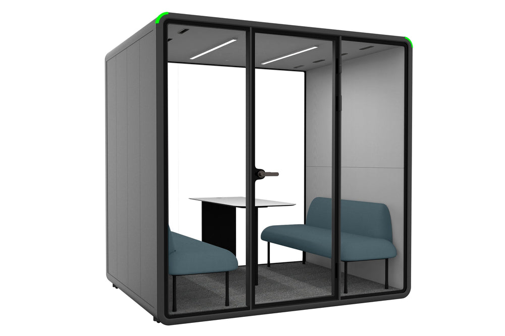 Nest 4 Person Meeting Booth - Full Glass Back Wall [Acoustic Panel]-black light grey blue