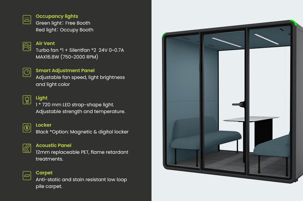 Nest 4 Person Meeting Booth - Full Glass Back Wall [Acoustic Panel]-black dark grey grey