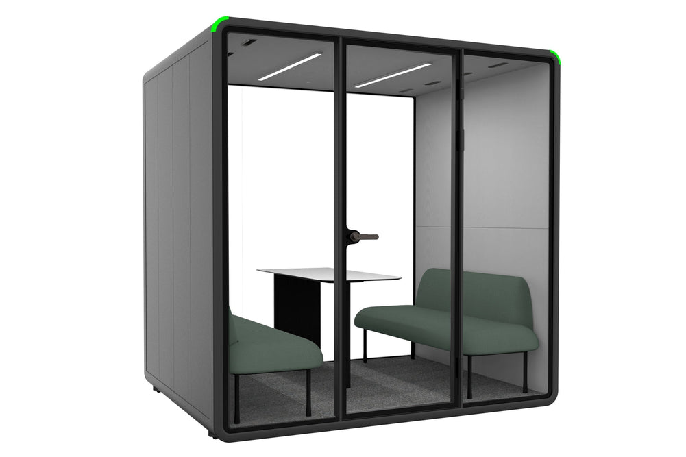 Nest 4 Person Meeting Booth - Full Glass Back Wall [Acoustic Panel]-black light grey green