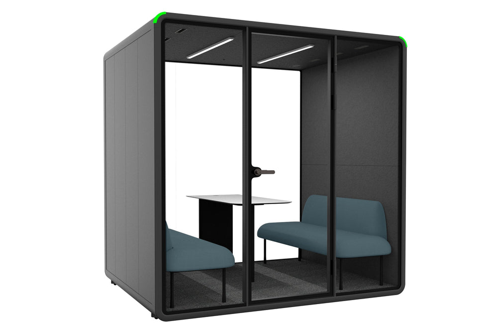 Nest 4 Person Meeting Booth - Full Glass Back Wall [Acoustic Panel]-black dark grey blue