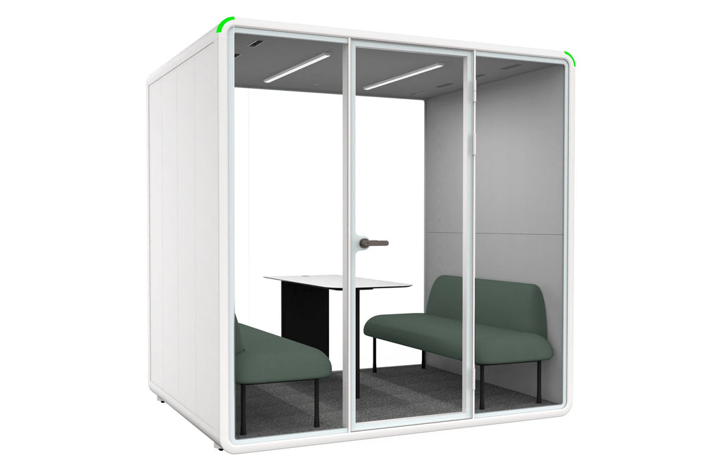 Nest 4 Person Meeting Booth - Full Glass Back Wall [Acoustic Panel]-white light grey green