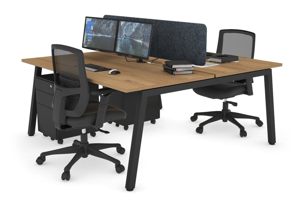 Quadro 2 Person Office Workstation [1200L x 800W with Cable Scallop]-black leg salvage oak dark grey acoustic panel (400H x 1200W)