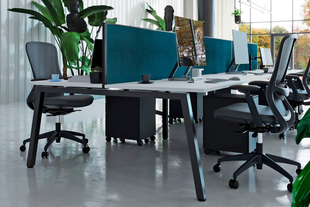 Quadro 6 Person Office Workstation [1600L x 800W with Cable Scallop]-black leg dark oak moody charcoal (500H x 1600W)