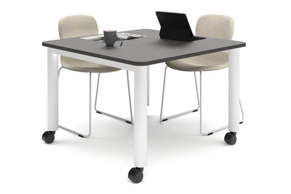 Quadro 80mm Cylinder Leg Mobile Meeting Table - Rounded Corners [1100L x 1100W with Rounded Corners]-white leg dark oak 