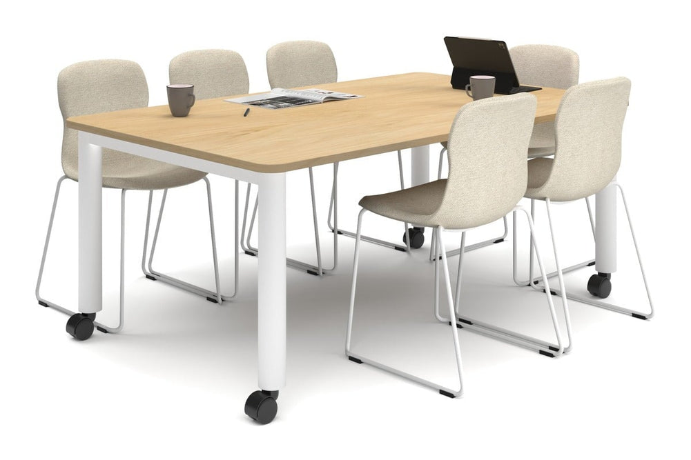 Quadro 80mm Cylinder Leg Mobile Meeting Table - Rounded Corners [1800L x 1100W with Rounded Corners]-white leg maple 
