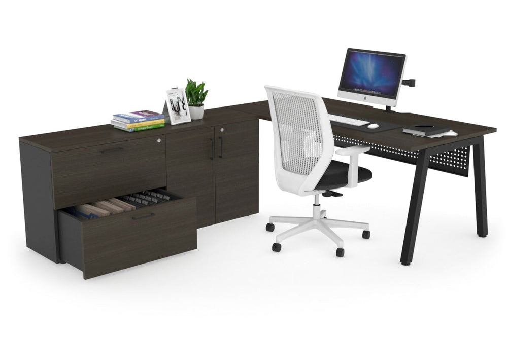 Quadro A Executive Setting - Black Frame [1600L x 800W with Cable Scallop]-dark oak black modesty 2 drawer 2 door filing cabinet