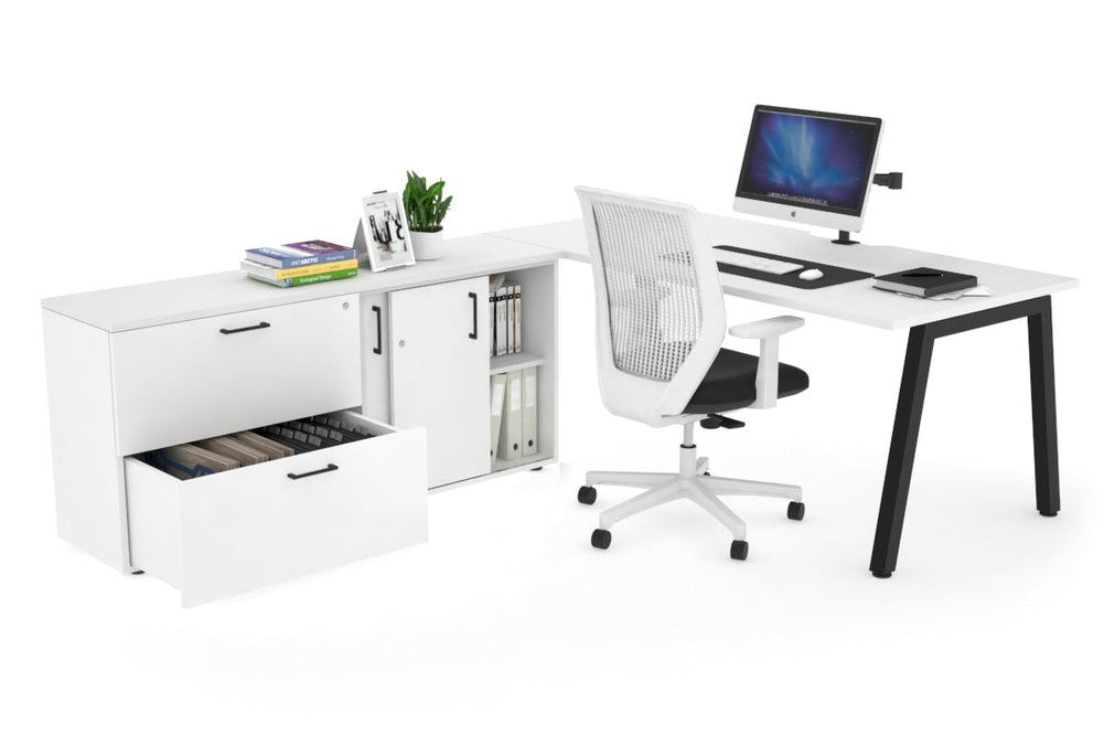 Quadro A Executive Setting - Black Frame [1600L x 800W with Cable Scallop]-white none 2 drawer lateral sliding door credenza